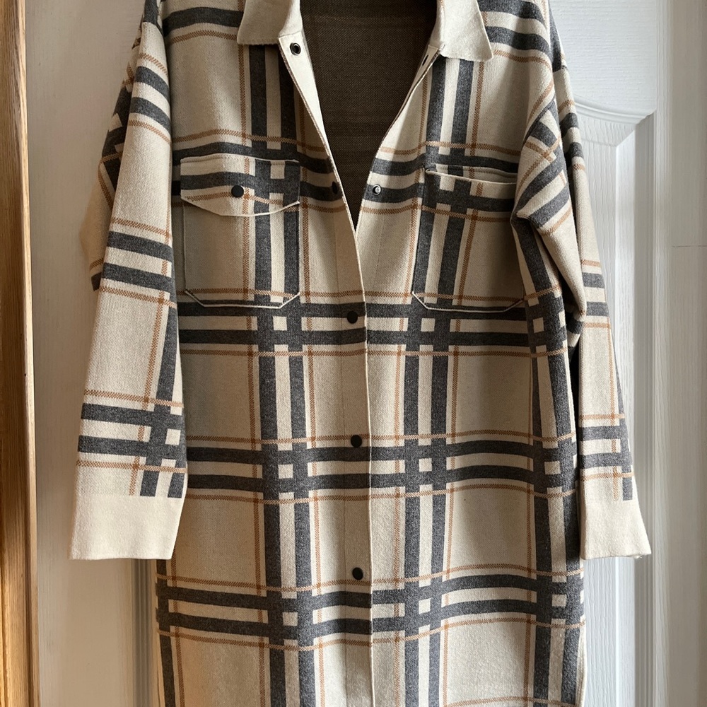 Plaid sweater style jacket. Made by YEST.